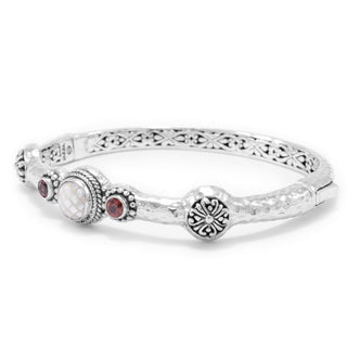 STERLING SILVER JANYL ADAIR WHITE MOP MOSAIC & RED ZIRCON OVAL BANGLE BRACELET WITH PUSH BUTTON INSERTION AND RETENTION - SARDA™