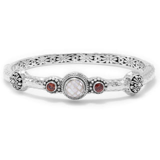 STERLING SILVER JANYL ADAIR WHITE MOP MOSAIC & RED ZIRCON OVAL BANGLE BRACELET WITH PUSH BUTTON INSERTION AND RETENTION - SARDA™