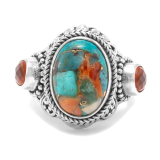 STERLING SILVER WATERMARK CHINESE TURQUOISE & SPINY OYSTER & CARNELIAN COCKTAIL RING™ - Dinner - SARDA™