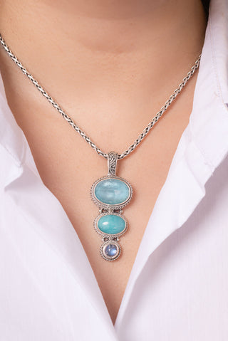 Sees My Worth Pendant™ in Paraiba Mother of Pearl Quartz, Amazonite & Rainbow Moonstone