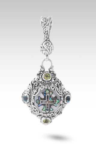 Love Restores Broken Pendant™ in Mother of Pearl & Abalone Mosiac Cross, Swiss Blue Topaz & Peridot