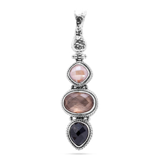STERLING SILVER HAMMERED CELESTIAL PINK MOONSTONE, BLACK SPINEL, & METALLIC BRONZE WOOD QTZ TRIPLET PENDANT WITH MAGNETIC ENHANCER BAIL™