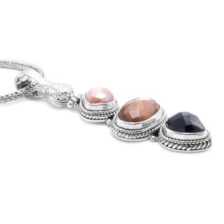 STERLING SILVER HAMMERED CELESTIAL PINK MOONSTONE, BLACK SPINEL, & METALLIC BRONZE WOOD QTZ TRIPLET PENDANT WITH MAGNETIC ENHANCER BAIL™
