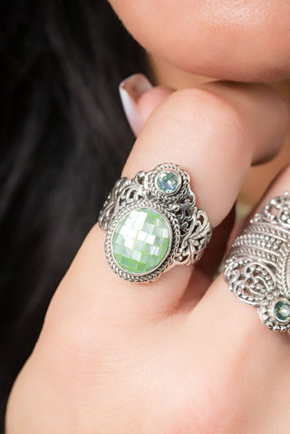 I'm Feeling Blessed Ring™ in Seafoam Mother of Pearl Mosaic & Bali Crush™ Mystic Topaz - Dinner - only found at SARDA™