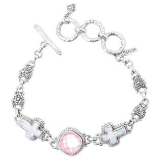 LIGHT PINK MOTHER OF PEARL QUARTZ DOUBLET & COTTON CANDY SIMULATED OPAL CROSS TOGGLE BRACELET™ - Lobster Closure - SARDA™