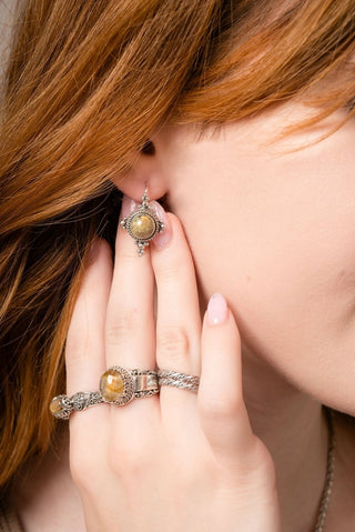 Worlds in His Hands Earrings™ in Copper & Gold Rutilated Quartz - Sarda Safety Latch - only found at SARDA™